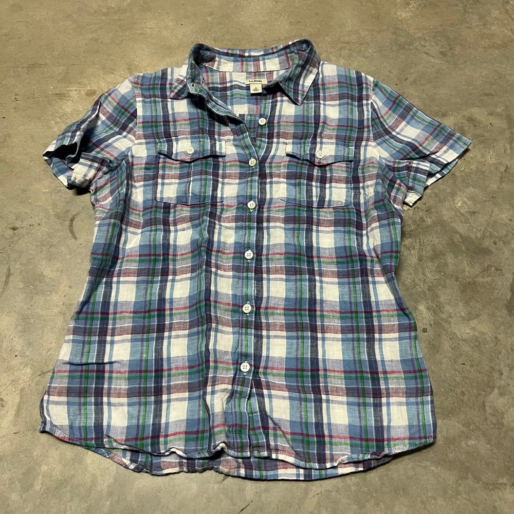 LL Bean Womens Small Linen Short Sleeve Plaid Button Down Shirt Blue 281617
